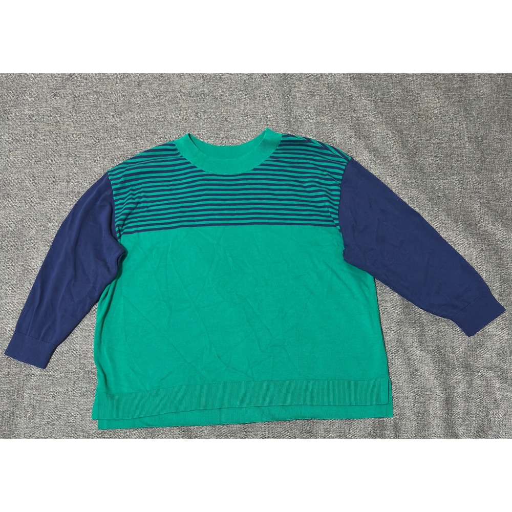 Lands' End Women 2X Sweater Green Navy Striped Cotton Knit Long Sleeve